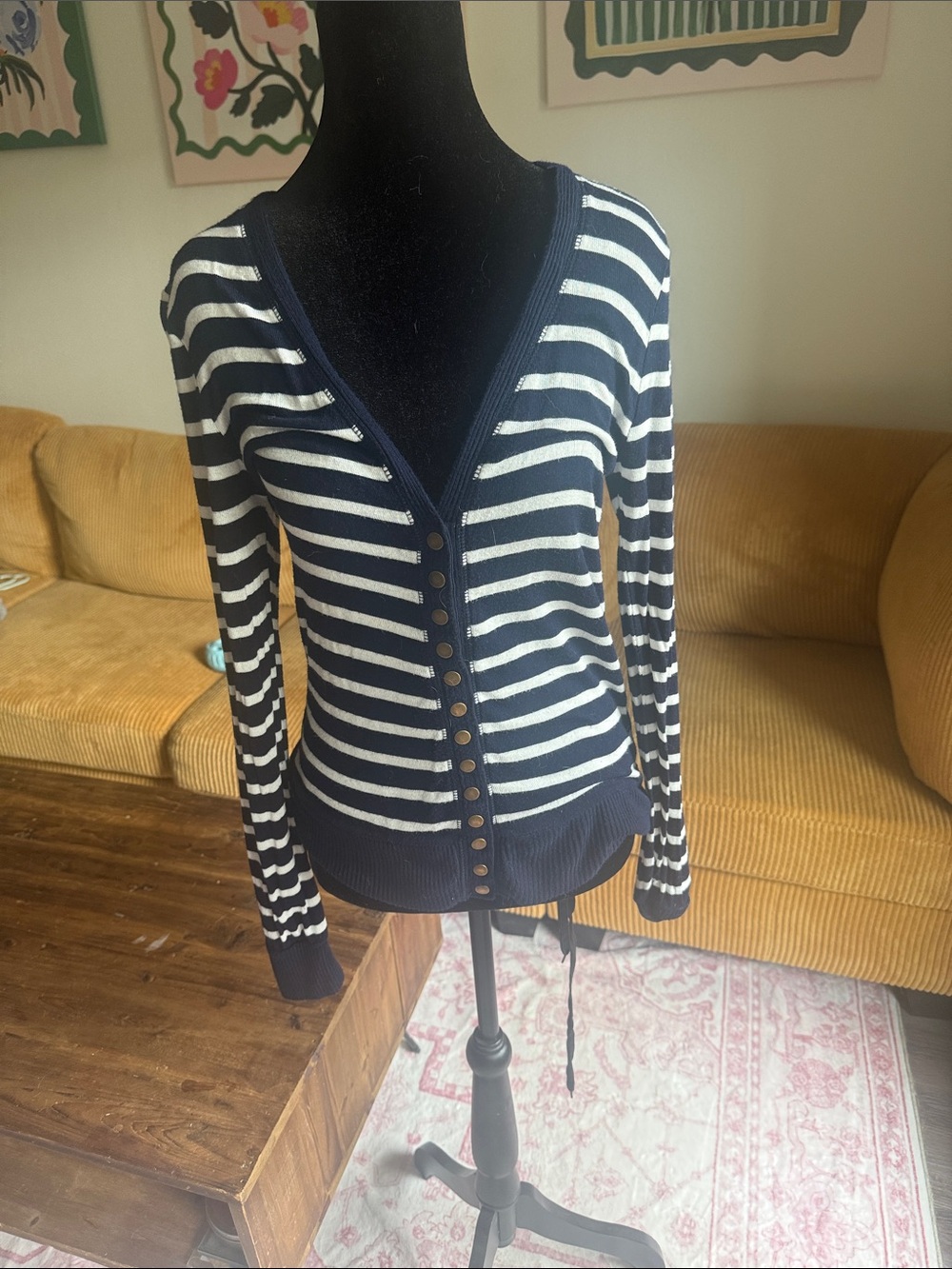 Navy and White Striped V-Neck Button Cardigan